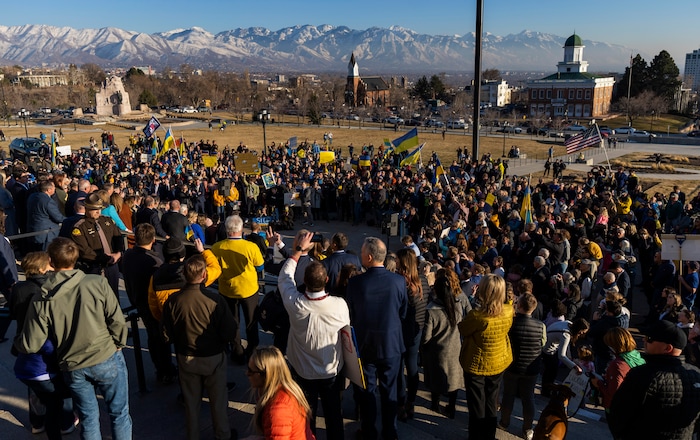 (Rick Egan | The Salt Lake Tribune) Hundreds of protesters gather at the Capitol for a rally in support of Ukraine, on Monday, Feb. 28, 2022.