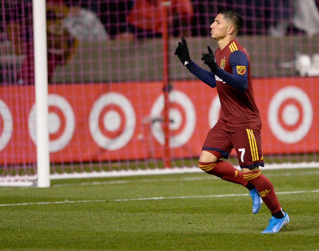 (Francisco Kjolseth  |  The Salt Lake Tribune)  Real Salt Lake forward Jefferson Savarino (7) celebrates the teams second goal to jump ahead 2-1 as Real Salt Lake and the Portland Timbers play in their first MLS playoff game at Rio Tinto Stadium in Sandy, Utah on Saturday, Oct. 19, 2019.