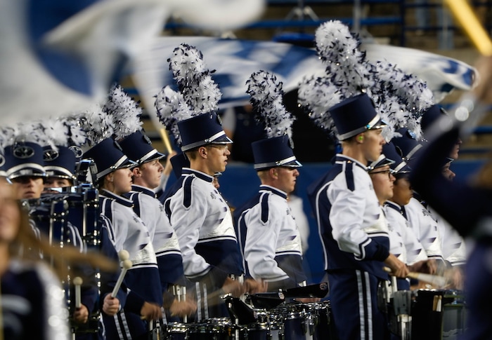 (Francisco Kjolseth | The Salt Lake Tribune) The BYU band get the fans cheering before the start of game as the Brigham Young Cougars take on the South Florida Bulls at LaVell Edwards Stadium in Provo, Saturday, Sept. 25, 2021.