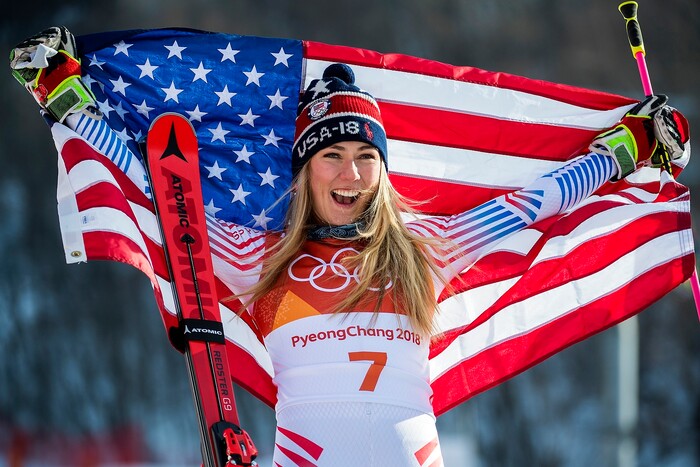 (Chris Detrick  |  The Salt Lake Tribune)  USA's Mikaela Shiffrin celebrates after winning gold in the Ladies' Giant Slalom at Yongpyong Alpine Centre during the Pyeongchang 2018 Winter Olympics Thursday, Feb. 15, 2018.  Shiffrin won the event with a time of 2:20.02.