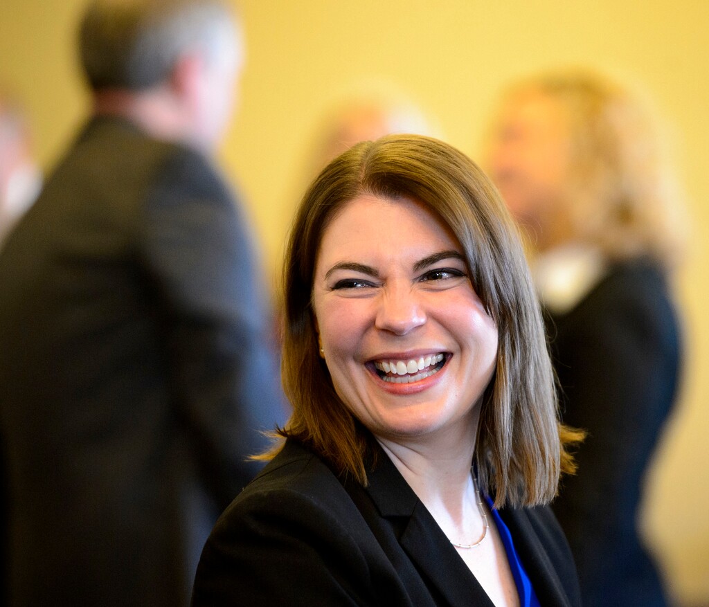 (Steve Griffin  |  The Salt Lake Tribune) Utah Supreme Court nominee Paige Petersen looks back and smiles at friends and family who attended her Senate Judicial Confirmation Committee hearing at the Capitol in Salt Lake City on Monday.