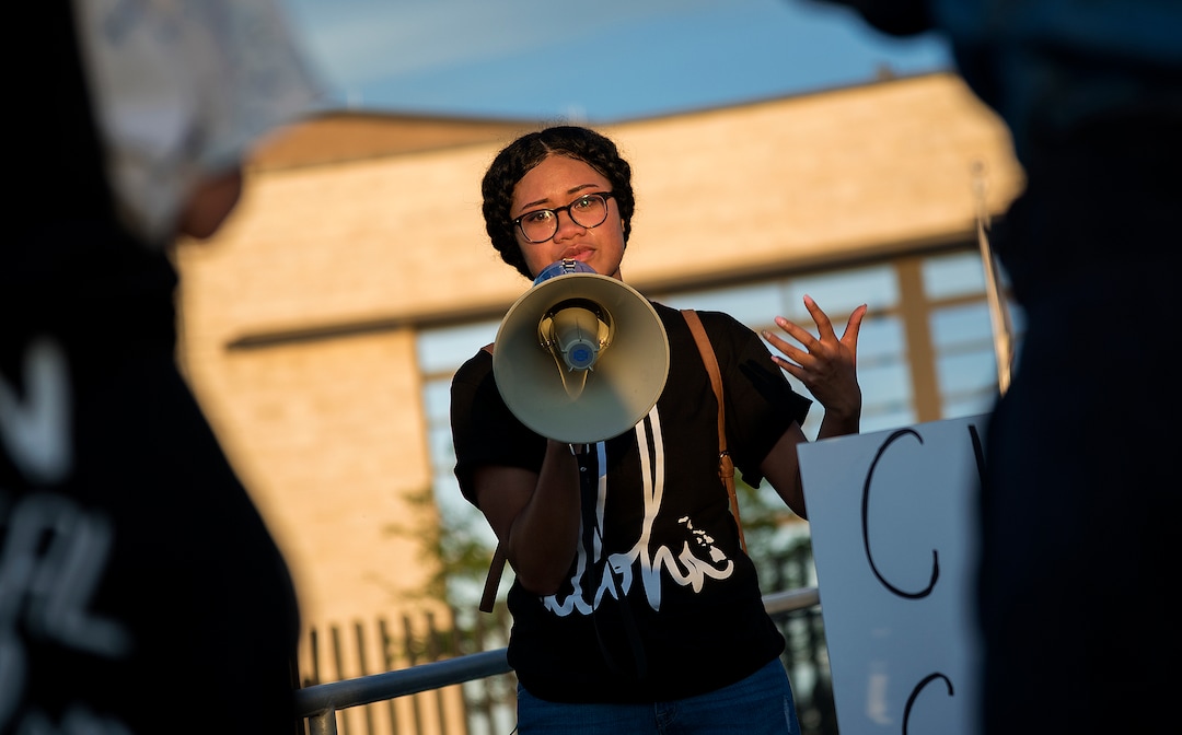 Michael Mangum  |  Special to the TribuneSaane Siale, 22, of Oakland, CA, speaks during a protest outside the U.S. Immigration and Customs Enforcement Salt Lake City Field Office in West Valley City, UT on Wednesday, July 24, 2019.