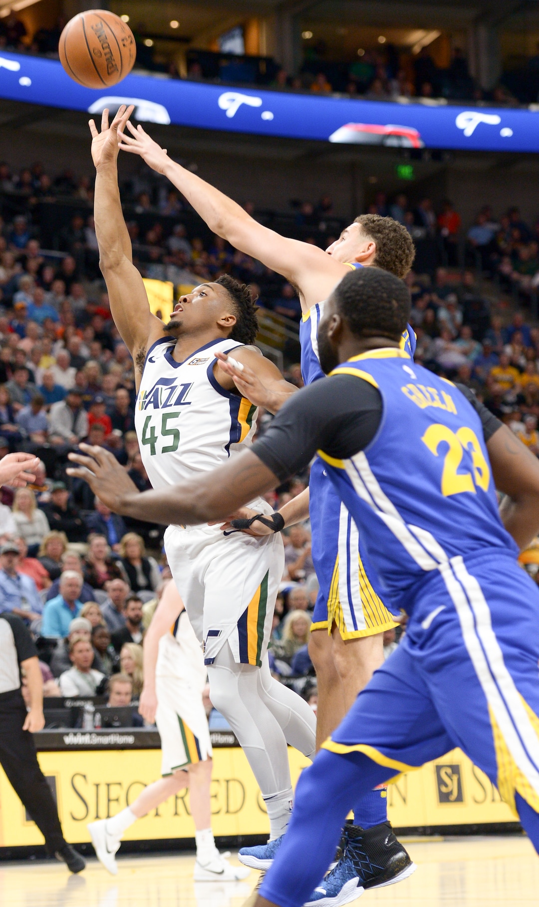 (Leah Hogsten  |  The Salt Lake Tribune)  Utah Jazz guard Donovan Mitchell (45) had 15 points in the first half.  The Utah Jazz lead the Golden State Warriors 62-33 during their game, Tuesday, April 10, 2018 at the Vivant Smart Home Arena. 