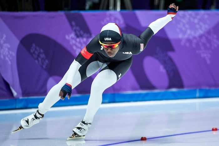 (Chris Detrick  |  The Salt Lake Tribune)  USA's Erin Jackson competes during the Ladies' 500m at the Gangneung Oval during the Pyeongchang 2018 Winter Olympics Sunday, Feb. 18, 2018. Jackson finished in 24th place with a time of 39.20. 