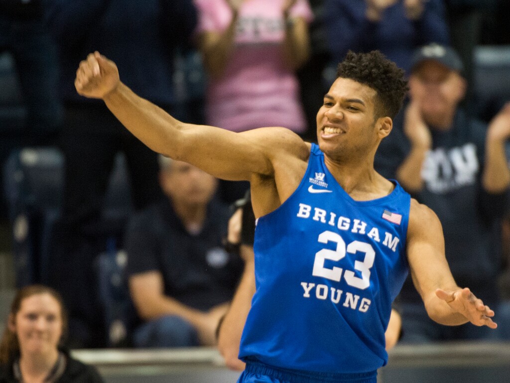 (Rick Egan  |  The Salt Lake Tribune) Brigham Young forward Yoeli Childs (23) celebrates a 23-11 Cougar lead, in basketball action Utah Utes vs. Brigham Young Cougars at the Marriott Center in Provo, Saturday, December 15, 2017.