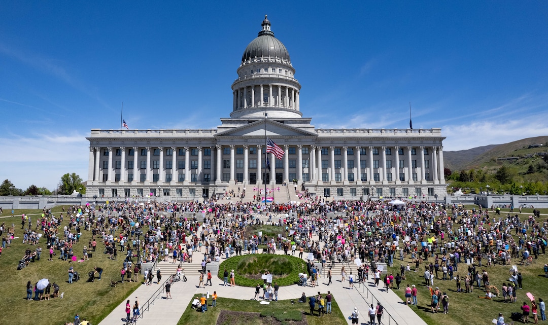 (Francisco Kjolseth | The Salt Lake Tribune) About 2,500 protesters gather at the Utah Capitol for a “Bans Off Our Beehive” rally in support of abortion rights on Saturday, May 14, 2022.