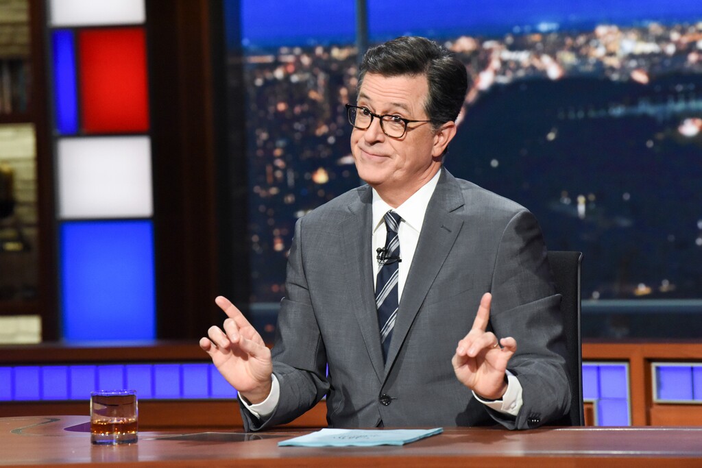 (Scott Kowalchyk/CBS via AP) This Nov. 6, 2018, photo released by CBS shows host Stephen Colbert on the set of "The Late Show with Stephen Colbert" in New York.