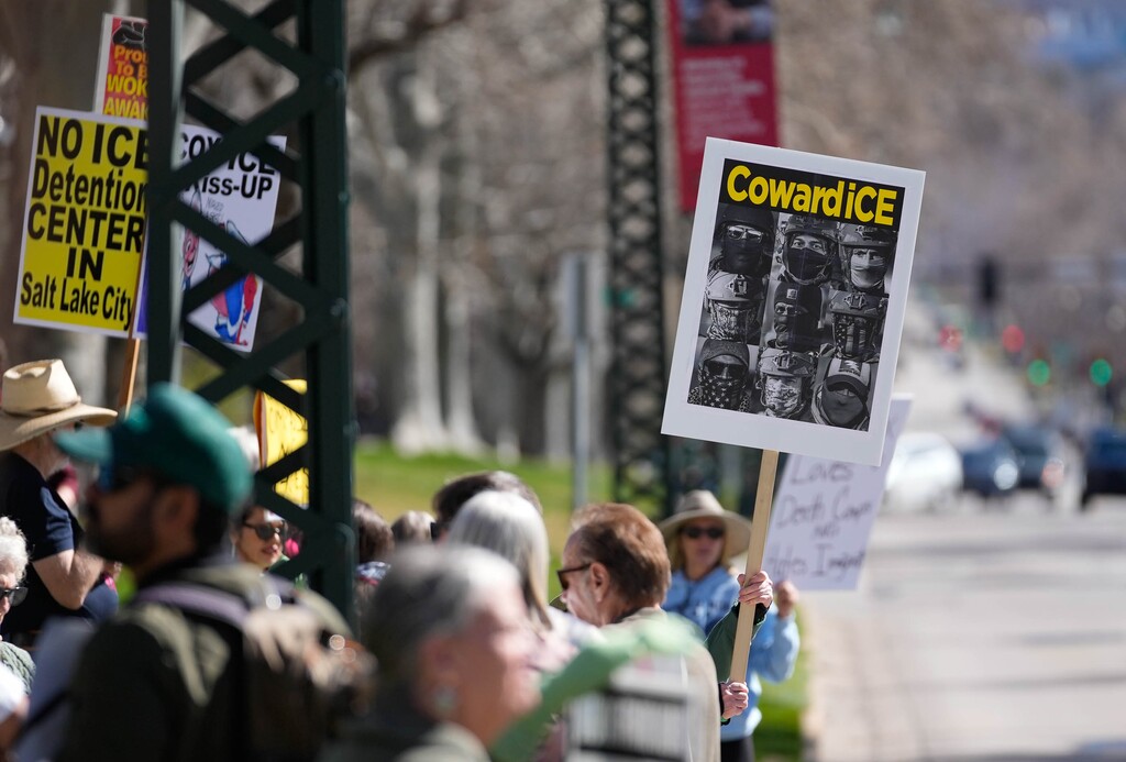 (Francisco Kjolseth | The Salt Lake Tribune) Protesters gather outside the Governor’s Mansion in response the recent purchase of a Salt Lake City warehouse by ICE on Tuesday, March 17, 2026.
