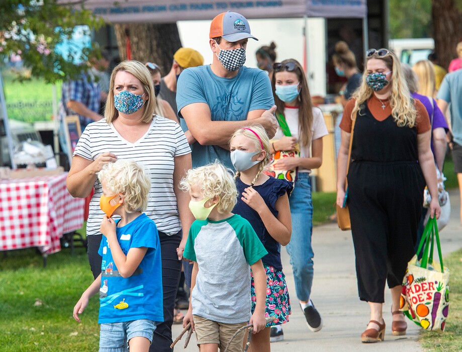 (Rick Egan  |  The Salt Lake Tribune)      Shoppers wear masks as they shop at the weekly Liberty Park Market at Liberty Park on Friday, Sept. 25, 2020.