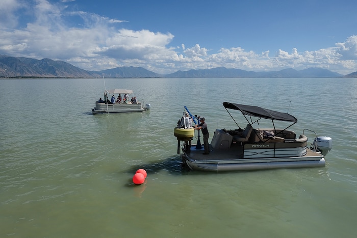 (Francisco Kjolseth | The Salt Lake Tribune) Members of the Legislative Water Development Commission take a tour of Utah Lake on Wednesday, Sept. 13, 2017, for the purpose of learning of wastewater treatment, the importance of protecting our lakes and rivers, how the state is looking to change water quality standards and how regulation is an important local issue.