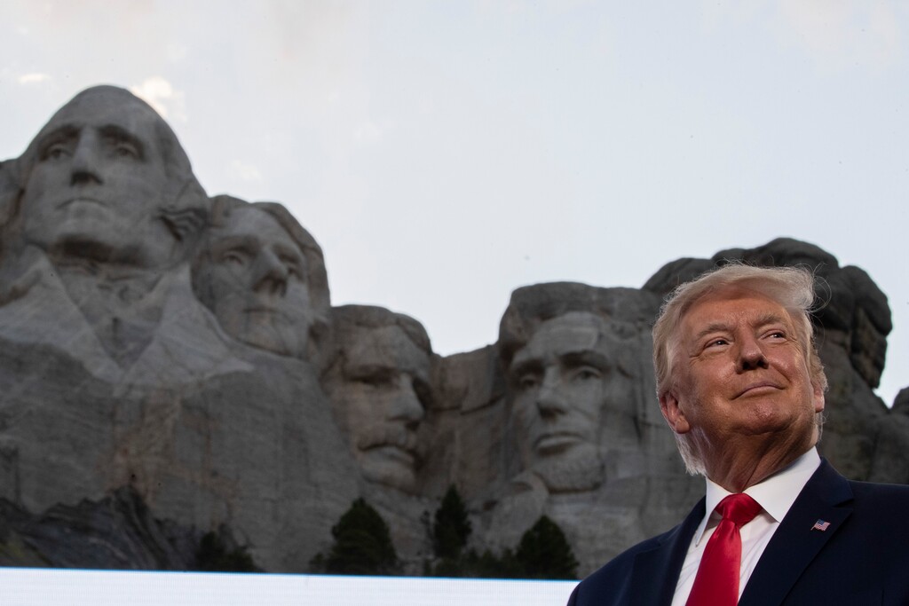 (Alex Brandon | AP file photo)  President Donald Trump smiles at Mount Rushmore National Memorial, Friday, July 3, 2020, near Keystone, S.D.