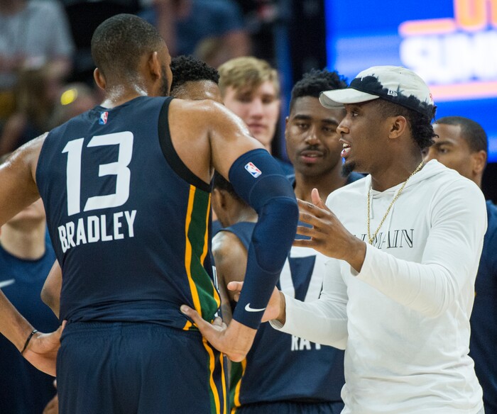 (Rick Egan  |  The Salt Lake Tribune)      Donovan Mitchell gives some instructions during a time out, in Utah Jazz summer league action between Utah Jazz and Memphis Grizzlies in Salt Lake City, Tuesday, July 3, 2018.