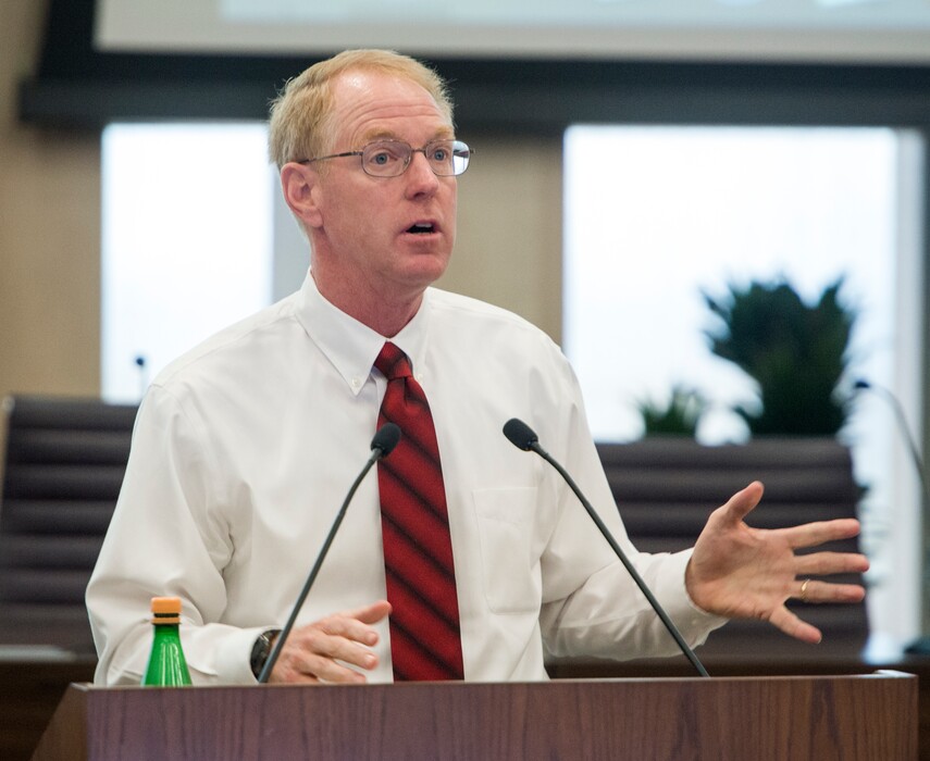 (Rick Egan  |  The Salt Lake Tribune)
Paul Cassell, University of Utah College of Law, speaks to members of the Academic Senate, Monday, August 28, 2017.