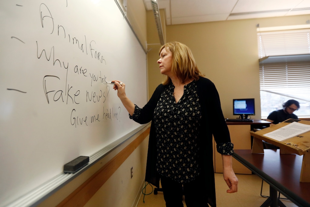 (Julio Cortez | AP photo)

In this Jan. 20, 2017, photo, Pat Winters Lauro, a journalism professor at Kean University in Union, N.J., leads a class discussion talking about fake news. Teachers from elementary school through college have been ramping up media literacy training to recognize bogus reports and understand their potential to weaken civic culture.