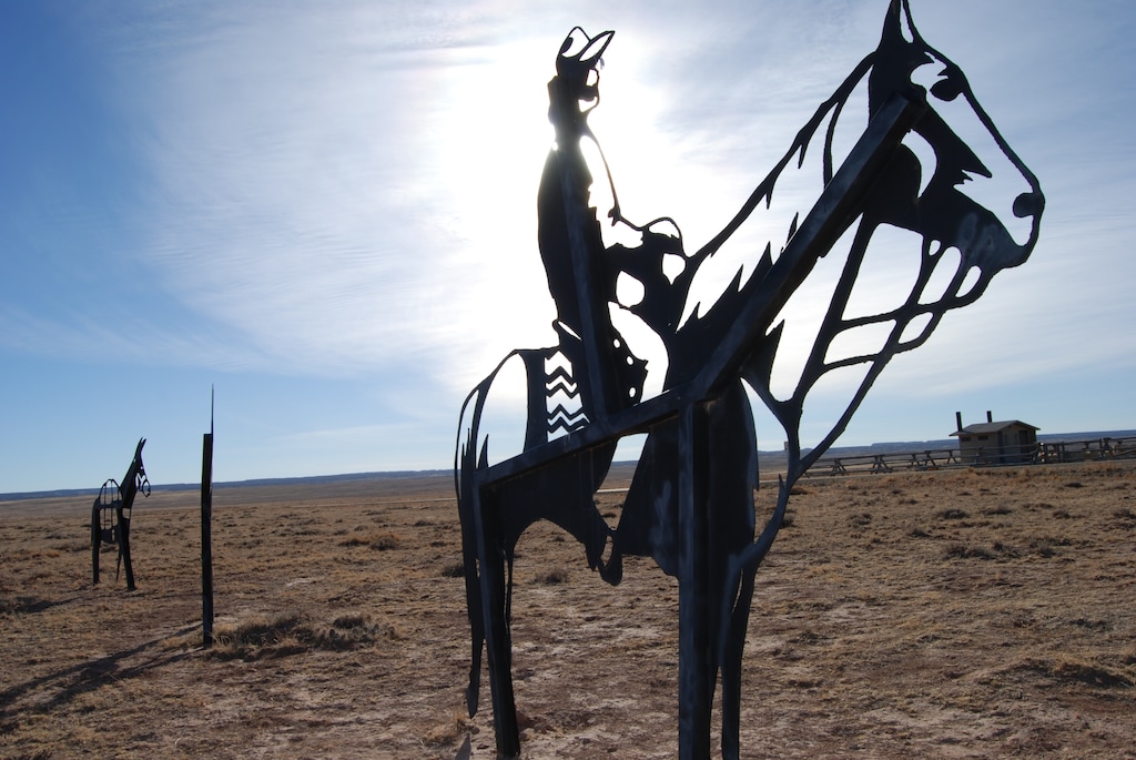 (Brian Maffly | The Salt Lake Tribune) Metal cutout sculptures commemorating the Old Spanish Trail line Fullers Bottom Road at the Buckhorn Draw access point into San Rafael Swell.