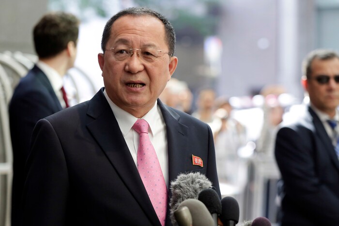 North Korea's Foreign Minister Ri Yong Ho speaks outside the U.N. Plaza Hotel, in New York, Monday, Sept. 25, 2017. (AP Photo/Richard Drew)