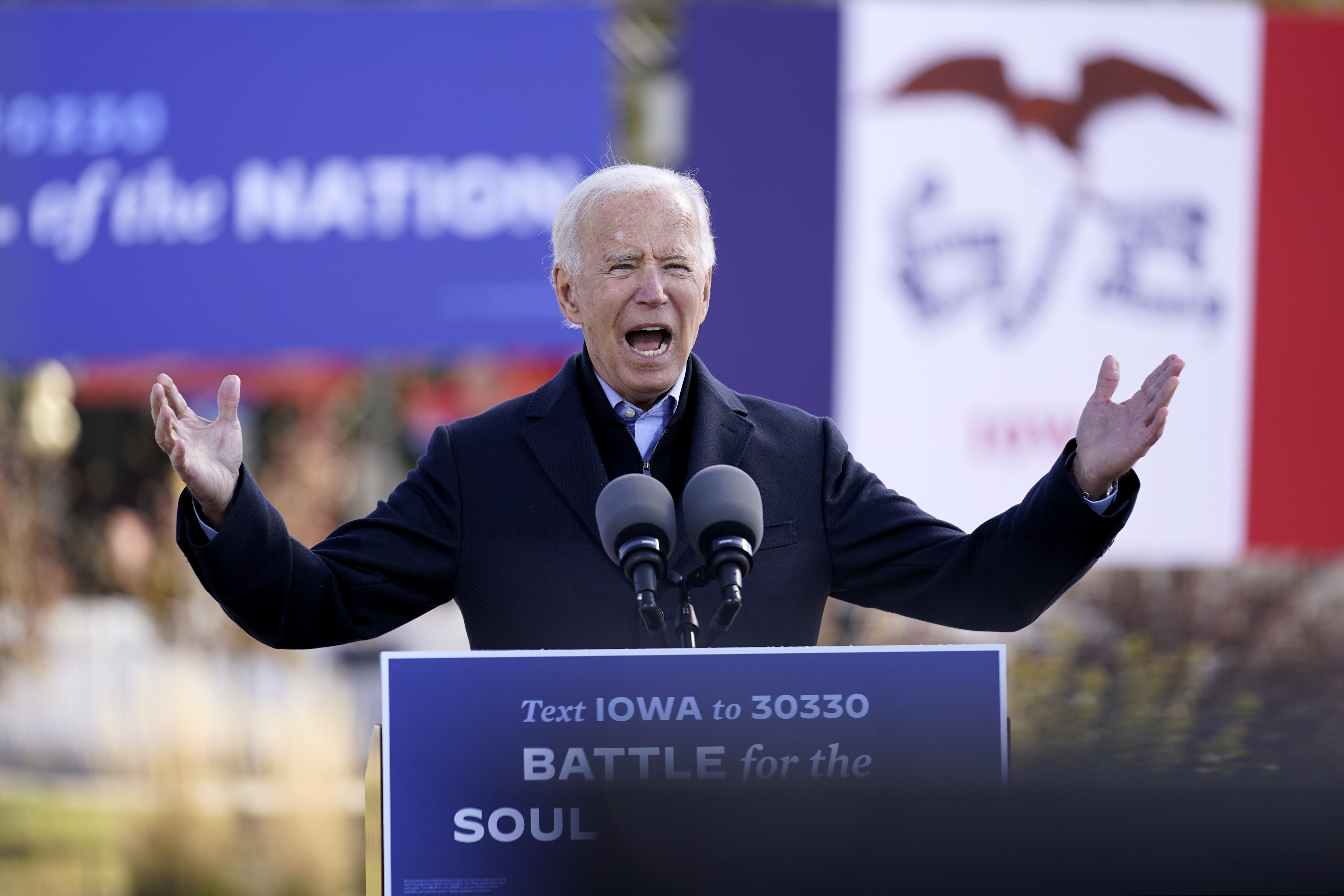 (Andrew Harnik | AP photo)

Democratic presidential candidate former Vice President Joe Biden speaks at a rally at the Iowa State Fairgrounds in Des Moines, Iowa, Friday, Oct. 30, 2020. Biden is holding rallies today in Des Moines, Iowa, Saint Paul, Minn., and Milwaukee, Wis.