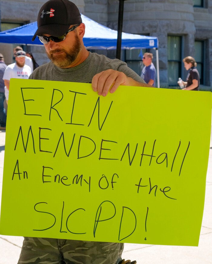 (Leah Hogsten | The Salt Lake Tribune) A man who did not wish to give his name had a message for Salt Lake City Mayor Erin Mendenhall at Back the Blue rally in support of law enforcement, Saturday, August 15, 2020 at Washington Square.