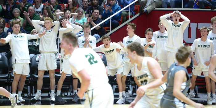 (Leah Hogsten | The Salt Lake Tribune) Olympus' bench react to Olympus' Rylan Jones (15) bucket. Olympus defeated Corner Canyon 76-49 to win the 5A High School BoysÕ Basketball Tournament Championship at the Jon M. Huntsman Center in Salt Lake City, Saturday, March 3, 2018.