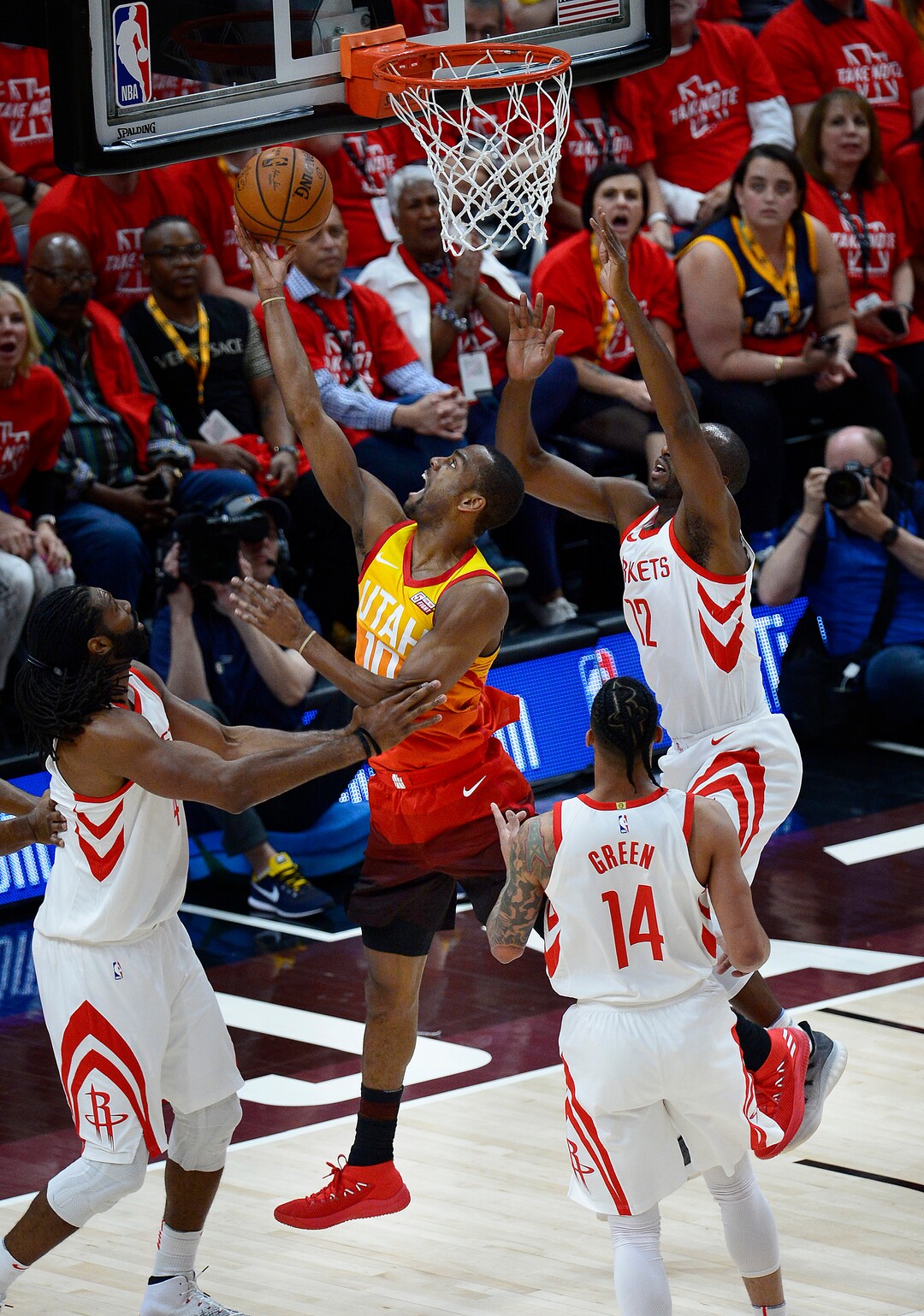 (Scott Sommerdorf | The Salt Lake Tribune)Utah Jazz guard Alec Burks (10) shoots after driving through the Houston defense during first half play. The Houston Rockets led the Utah Jazz 70-40 at the half of game 3, Friday, May 4, 2018.