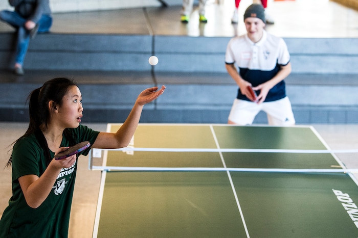 (Chris Detrick  |  The Salt Lake Tribune)  Hillcrest junior Tammie Tam serves the ball to Syracuse junior Tanner Bouwhuis during the first state-wide Utah High School Table Tennis Tournament at Granger High School Saturday, January 13, 2018.  Organized by math teacher Walter Poelzing and sponsored by Salt Lake City Table Tennis, 46 high school students from all over the state competed. ÒPing Pong is not just a garage game, itÕs a serious sport,Ó said Walter Poelzing, math teacher at Granger High School and organizer of the Invitational. ÒWhen you look internationally, itÕs one of the top sports played around the world, along with soccer. Here in Utah, table tennis is just beginning, but we have a few top national players in our state. WeÕre excited to host this special event; these high school kids are intense, focused and committed to win.Ó

Schools participating include Hillcrest, Brighton, Granger, Skyline, Waterford, Syracuse, Cottonwood, American Fork, Bingham,Taylorsville, Itineris Early College High School and Wasatch.