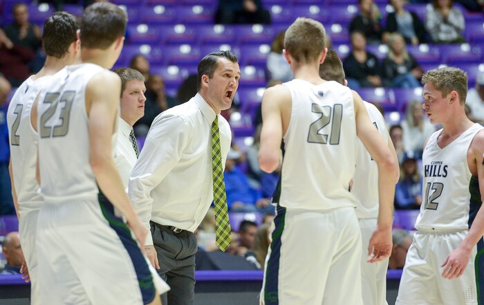 (Leah Hogsten  |  The Salt Lake Tribune) Copper Hills' head coach Andrew Blanchard. Copper Hills defeated Bingham 61-54 in the 6A High School Boys' Basketball Tournament opening game at Weber State University’s Dee Events Center in Ogden, Tuesday, Feb. 27, 2018. 