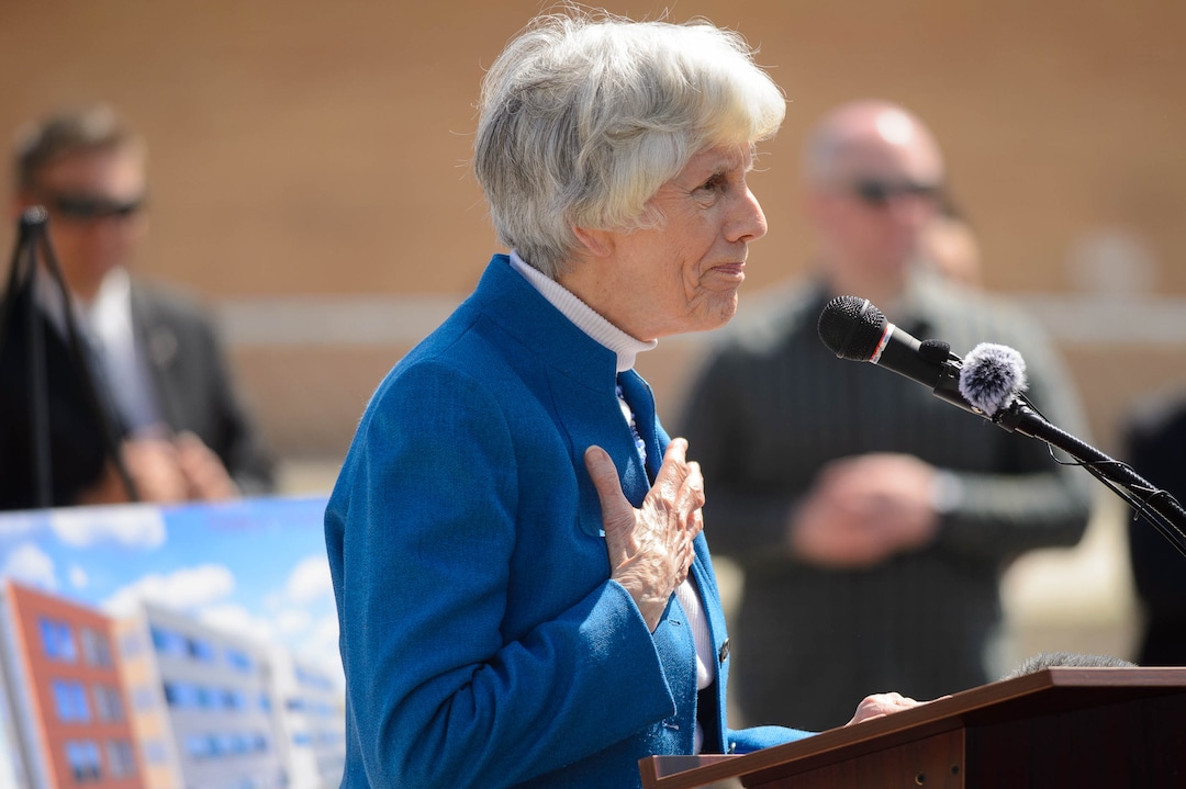 (Trent Nelson  |  The Salt Lake Tribune)  Pamela Atkinson speaks at the groundbreaking ceremony for Pamela's Place Apartments in Salt Lake City on Wednesday April 17, 2019. The development, named after Atkinson, a Utah-based humanitarian and advocate for people experiencing homelessness, will serve as a 100-unit permanent supportive housing complex by combining affordable housing assistance with voluntary support services to address the needs of chronically homeless people.