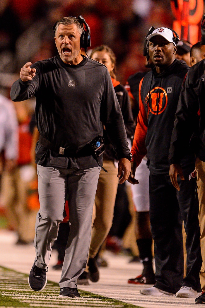 (Trent Nelson | The Salt Lake Tribune) Utah Utes head coach Kyle Whittingham reacts to a call after a punt as the Utah Utes host the San Jose State Spartans, NCAA football at Rice-Eccles Stadium in Salt Lake City, Saturday September 16, 2017.