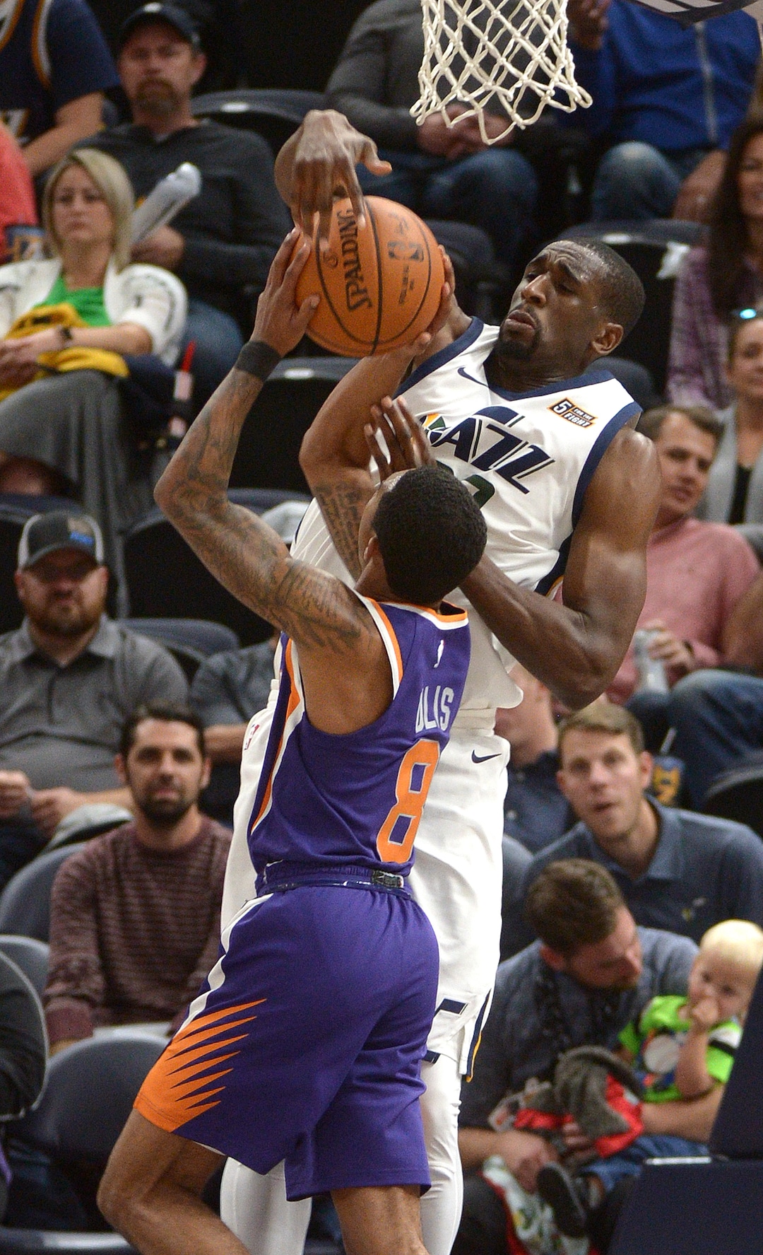 (Leah Hogsten  |  The Salt Lake Tribune) Utah Jazz forward Ekpe Udoh (33) stops Phoenix Suns guard Tyler Ulis (8).  The Utah Jazz defeated the Phoenix Suns 112-101 during preseason NBA basketball at Vivint Smart Home Arena in Salt Lake City, October 6, 2017.