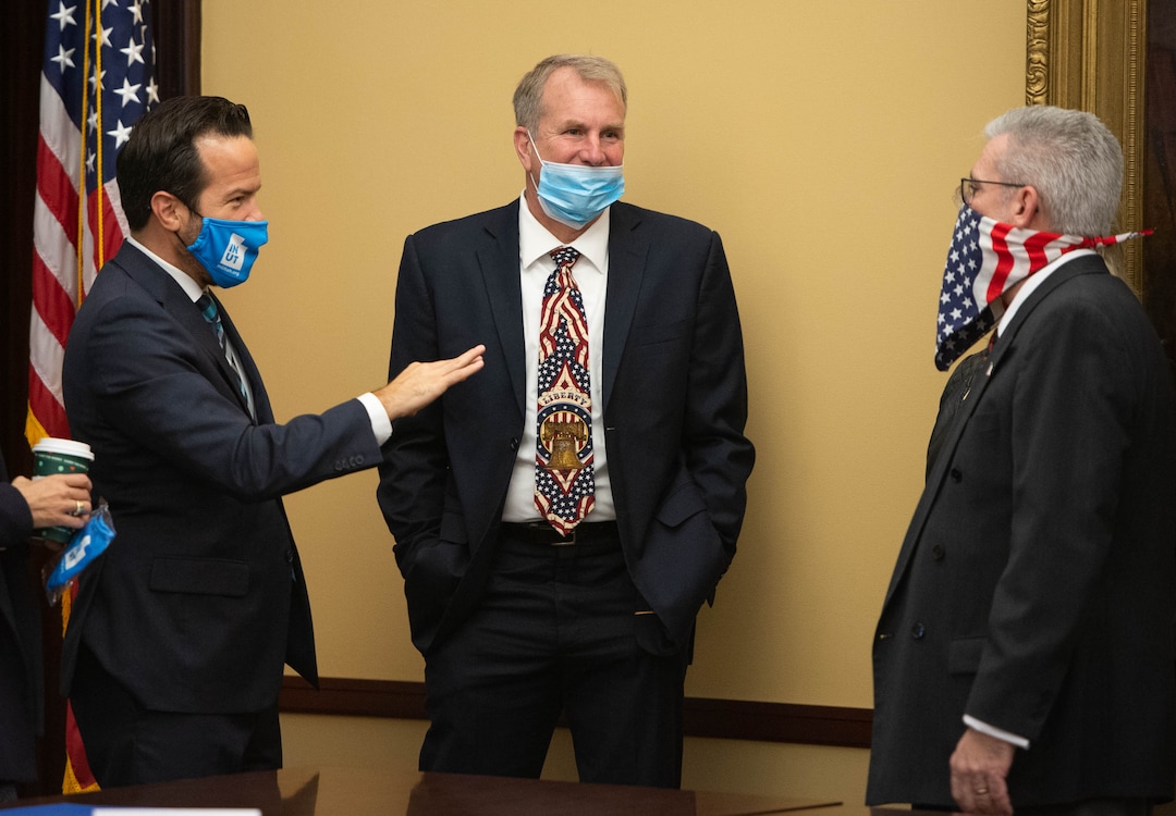 (Francisco Kjolseth  | The Salt Lake Tribune) Trent Christensen, who rand for Congress in the 4th District, former Rep. Chris Herrod and Jimi Kestin, Washington County GOP Chairman, from left, who make up part of Utah’s six Republican presidential electors, gather to cast their vote for current President Donald Trump at the Utah State Capitol, Monday, Dec. 14, 2020.