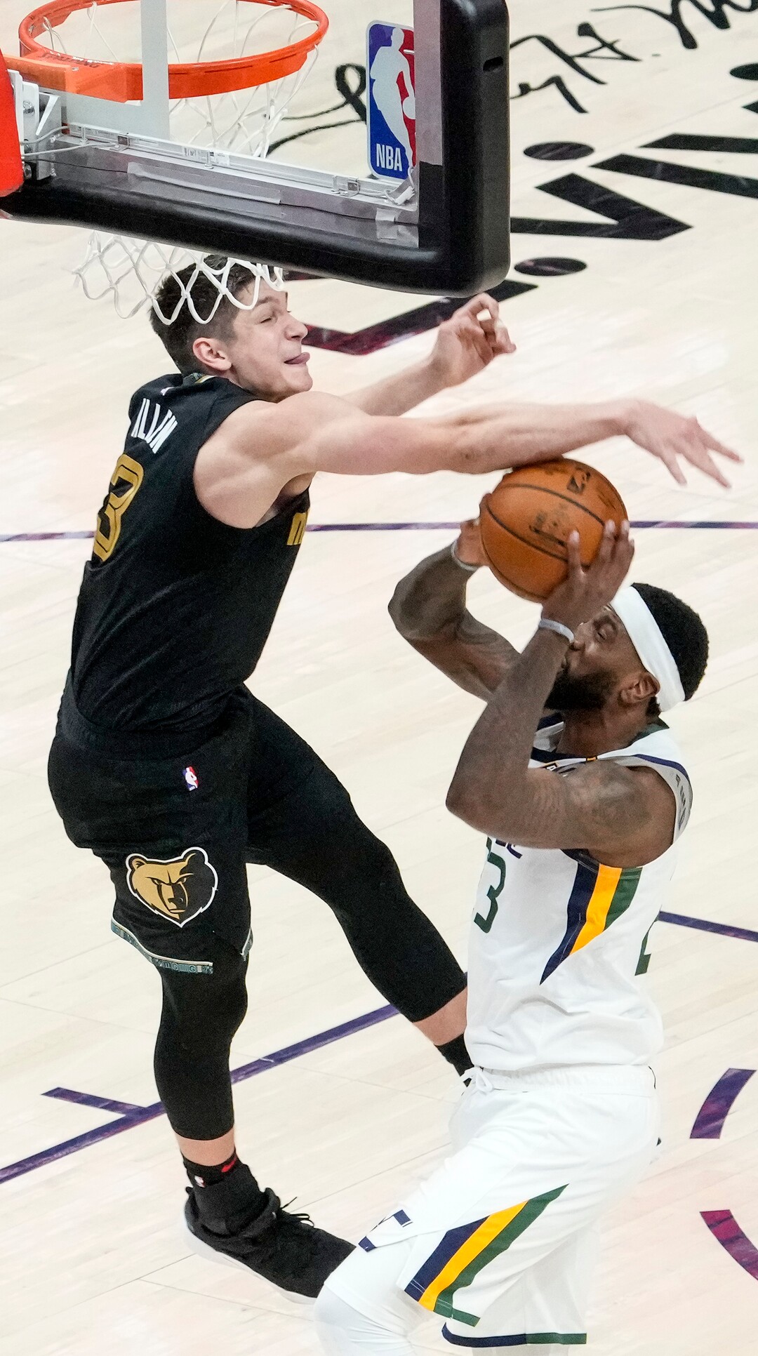 (Leah Hogsten | The Salt Lake Tribune) Memphis Grizzlies guard Grayson Allen (3) fouls Utah Jazz forward Royce O'Neale (23)/ as the Utah Jazz take on the Memphis Grizzlies during Game 1 of the first-round playoffs at Vivint Arena, May 23, 2021.