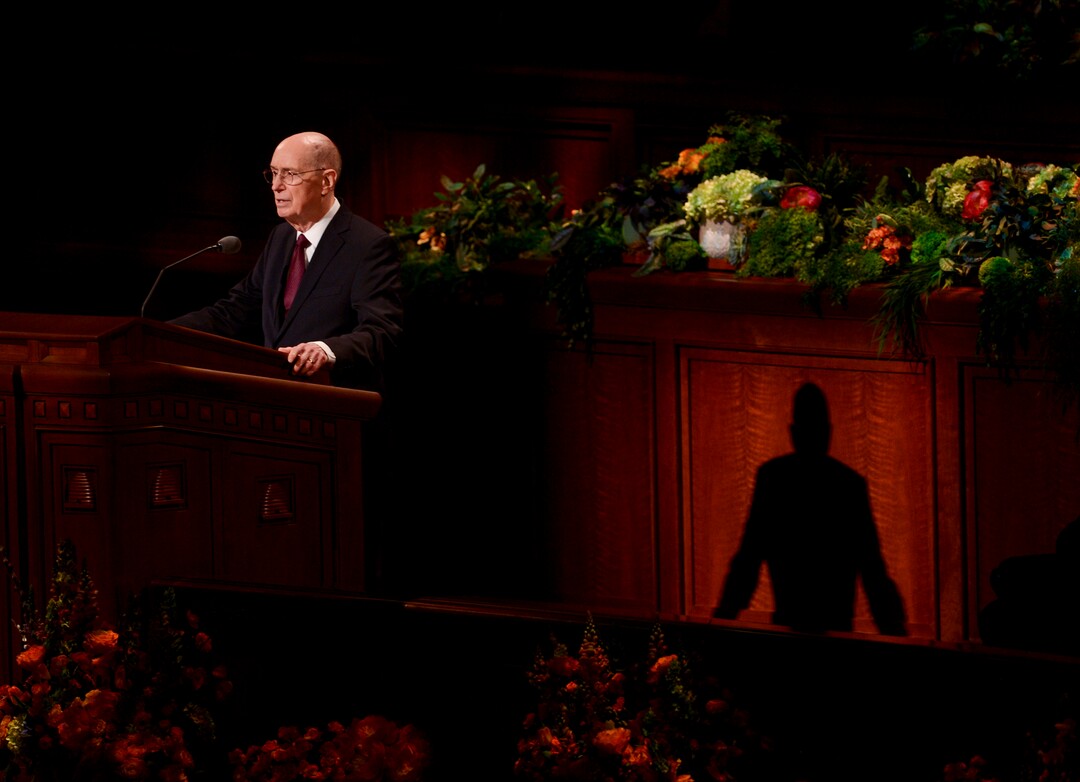 (Leah Hogsten  |  The Salt Lake Tribune)  President Henry B. Eyring addresses church members during 189th Annual General Conference of The Church of Jesus Christ of Latter-day Saints, April 6, 2019 in Salt Lake City.