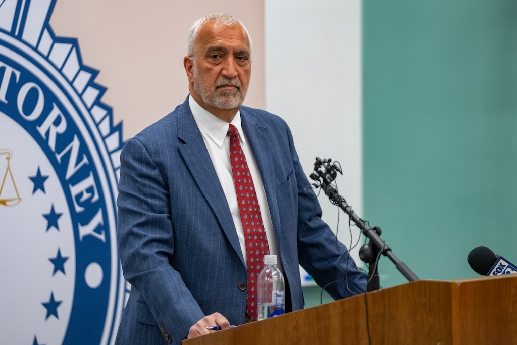 (Rick Egan | The Salt Lake Tribune) Salt Lake County District Attorney Sim Gill answers questions about a Taylorsville police shooting that occurred on October 9, 2024, during a news conference on Thursday.

