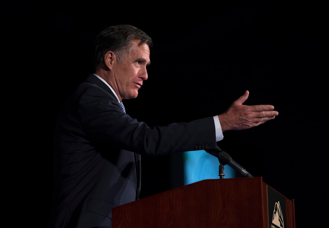 Scott Sommerdorf | The Salt Lake TribuneFormer Republican presidential candidate Mitt Romney speaks at the 2018 Utah County Republican Party Lincoln Day Dinner.