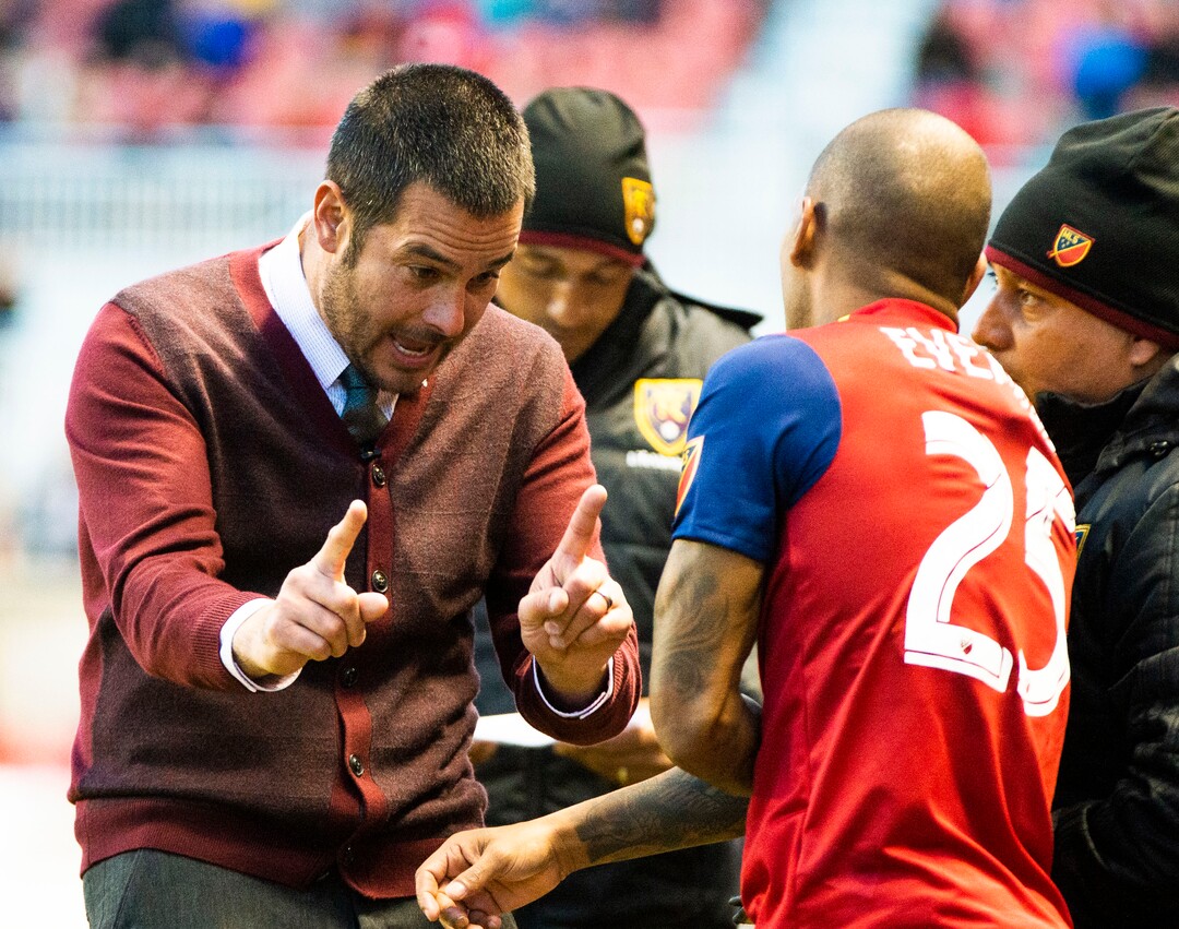 (Rick Egan  |  The Salt Lake Tribune).  Real Salt Lake head coach Mike Petke talks to Real Salt Lake midfielder Everton Luiz (25) before sending him into the game, in MLS soccer action between Real Salt Lake and Atlanta United at Rio Tinto Stadium in Sandy, Friday, May 24, 2019.