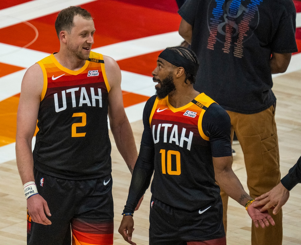 (Rick Egan | The Salt Lake Tribune) Utah Jazz guard Joe Ingles (2) shares a laugh with Utah Jazz guard Mike Conley (10), during a break in the action, in game 2 of NBA Playoffs at Vivint Arena, on Wednesday, May 26, 2021.