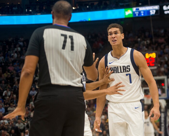(Rick Egan  |  The Salt Lake Tribune) Dallas Mavericks guard Dennis Smith Jr. (1) reacts to a call by referee Rodney Mott (71), in NBA action Utah Jazz vs. Dallas Mavericks, in Salt Lake City, Monday, October 30, 2017.