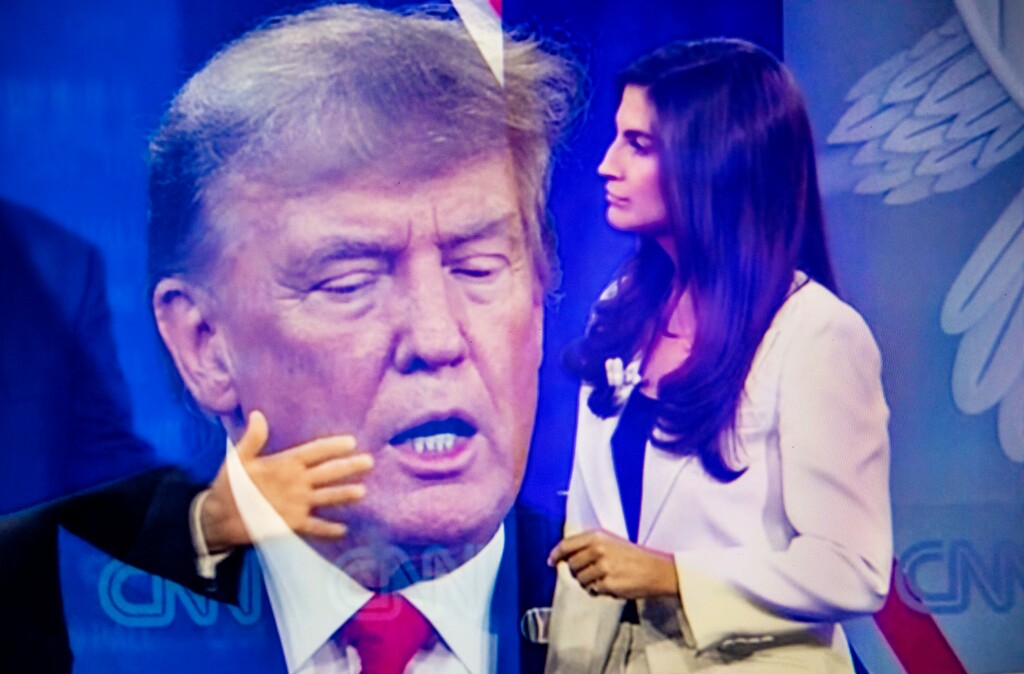 A multiple-exposure image of a live television broadcast of former President Donald Trump’s interview with CNN reporter Kaitlan Collins for a town hall election special hosted by CNN, in Clermont, Fla. on May 10, 2023. Trump always ridiculed people, but when he brought that into the presidential arena, it was like injecting a virus of cruelty into the political bloodstream, Maureen Dowd writes. (Damon Winter/The New York Times)