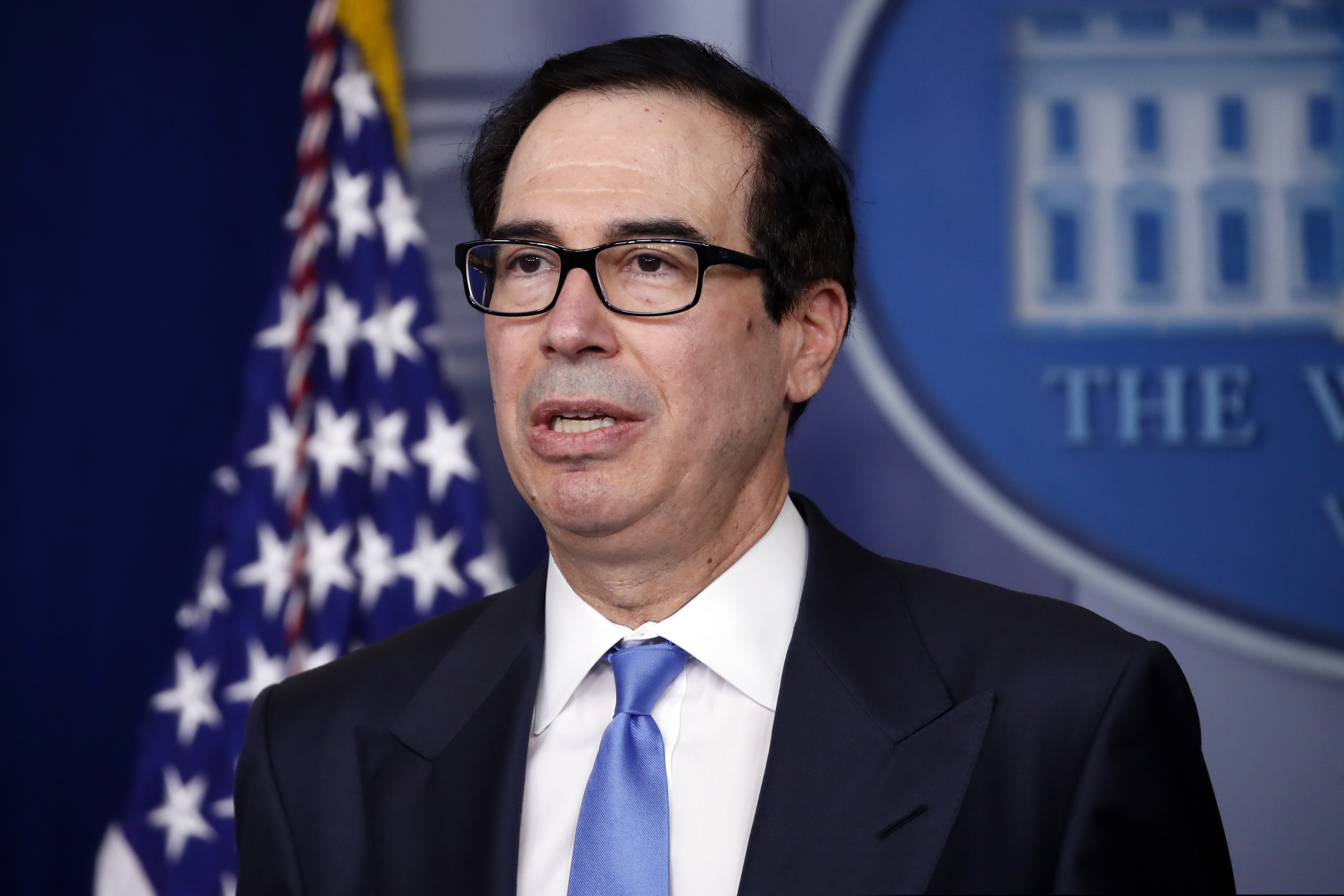 (Alex Brandon 
(Alex Brandon | The Associated Press)
 Treasury Secretary Steven Mnuchin speaks about the coronavirus in the James Brady Press Briefing Room of the White House in Washington. The Trump administration has abruptly dropped on Friday, June 19, its insistence on secrecy for a $600 billion-plus coronavirus aid program for small businesses. Mnuchin refused to do so at a Senate hearing last week, saying the data was “proprietary information.”