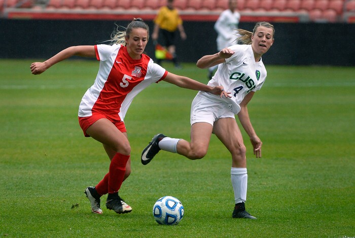 (Scott Sommerdorf   |  The Salt Lake Tribune)   American Fork's Addison Holmstead, lefty, and Syracuse's Kelsey Steed battle during second half play. American Fork beat Syracuse 3-1 to win the 6A championship game played at Rio Tinto, Friday, October 20, 2017. 