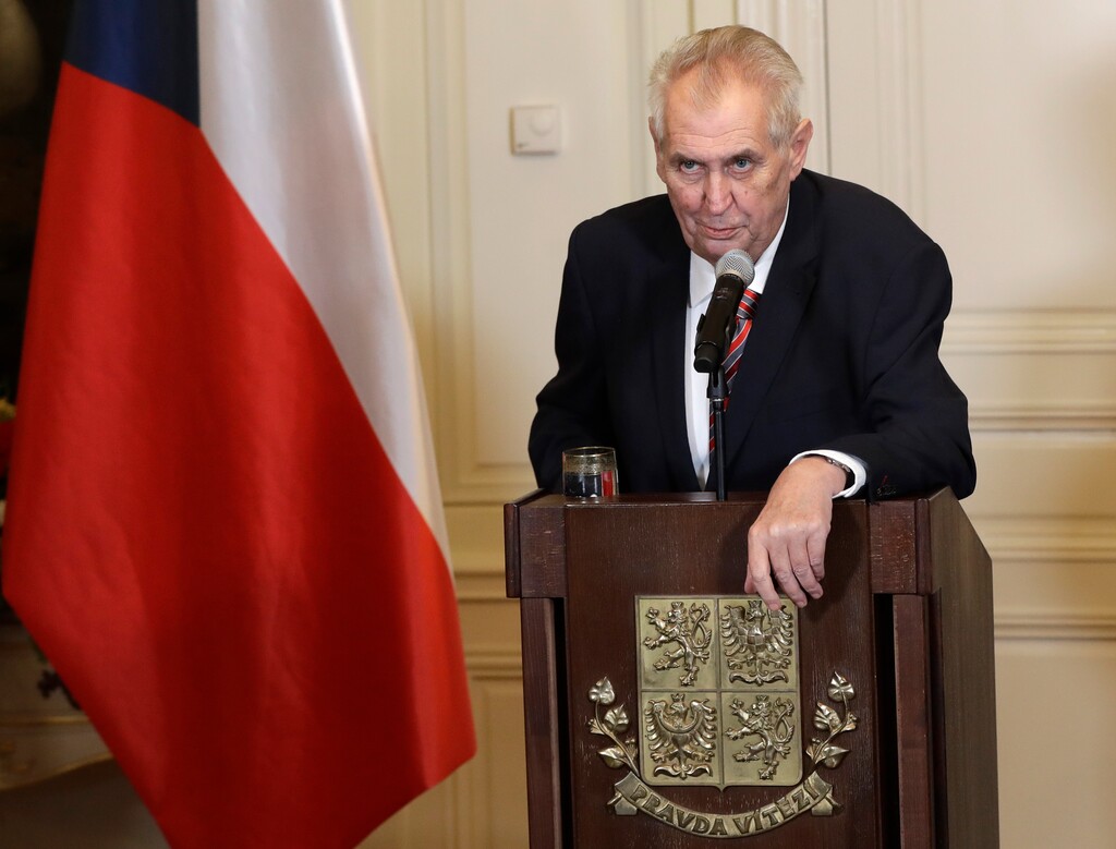 Czech Republic's President Milos Zeman addresses media during a press conference in Lany, Czech Republic, Tuesday, Oct. 31, 2017. The Czech president has asked populist billionaire Andrej Babis, whose movement won parliamentary elections, to try to form a new government. Babis' centrist ANO (YES) movement won 78 seats in the 200-seat lower house of Parliament earlier in October in Czech Republic's general elections. (AP Photo/Petr David Josek)