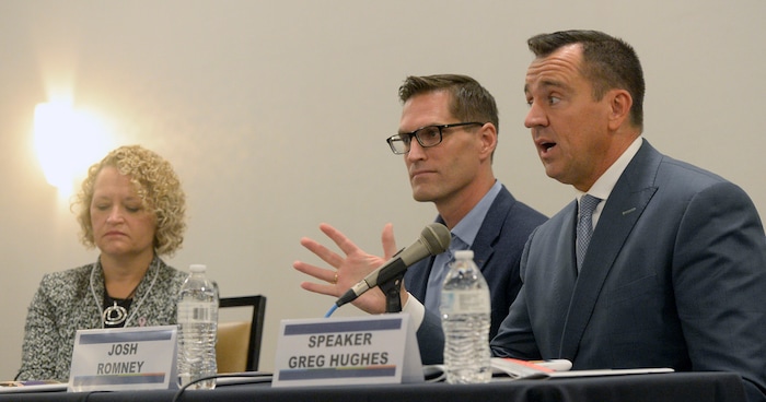 (Al Hartmann  |  The Salt Lake Tribune) 	
Salt Lake City Mayor Jackie Biskupski, left, Josh Romney and Speaker of the House Greg Hughes speak in a panel discusion to Utah homeless service providers at Utah's 14th Annual Homelessness Summit in Salt Lake City Wednesday Oct. 11.
