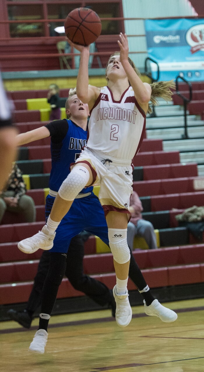 (Rick Egan  |  The Salt Lake Tribune)    Emma Carr scores for Viewmont, in prep basketball action, Bingham vs. Viewmont, in Bountiful, Wednesday, January 3, 2018.