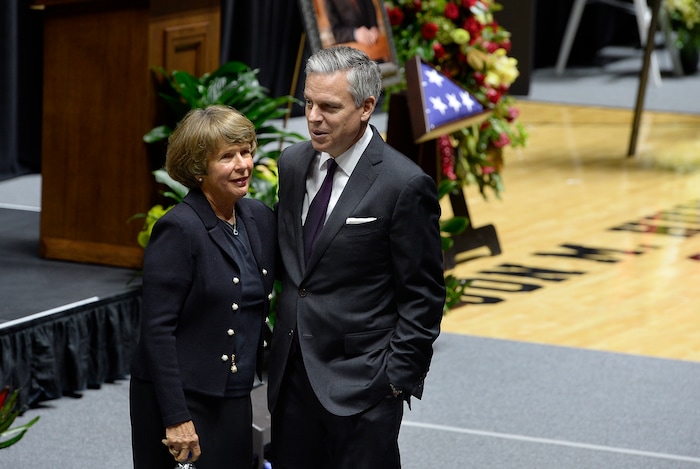 Scott Sommerdorf | The Salt Lake Tribune
Jon Huntsman Jr. walks with his mother Karen at the funeral services for Jon M. Huntsman, Sr., Saturday, February, 10, 2018. 
