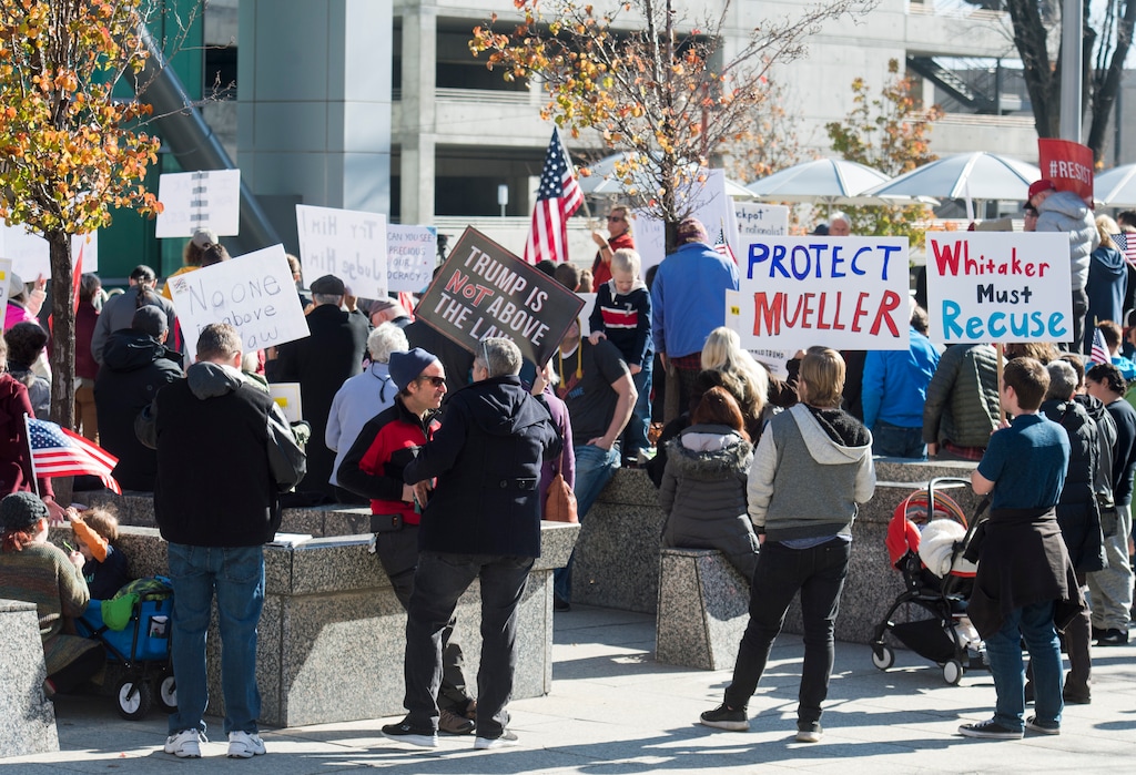 (Rick Egan  |  The Salt Lake Tribune)    Protestors gather at the Federal Building for the  "Rally for the Rule of Law" to urge Utah’s Members of Congress to prevent President Trump from compromising the independence of Special Counsel Robert Mueller, Saturday, Nov. 10, 2018.