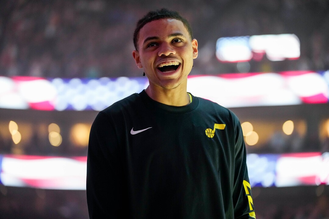 (Francisco Kjolseth  |  The Salt Lake Tribune) Utah Jazz guard Keyonte George (3) gets ready for their game against the Cleveland Cavaliers at the Delta Center in Salt Lake City on Tuesday, April 2, 2024.