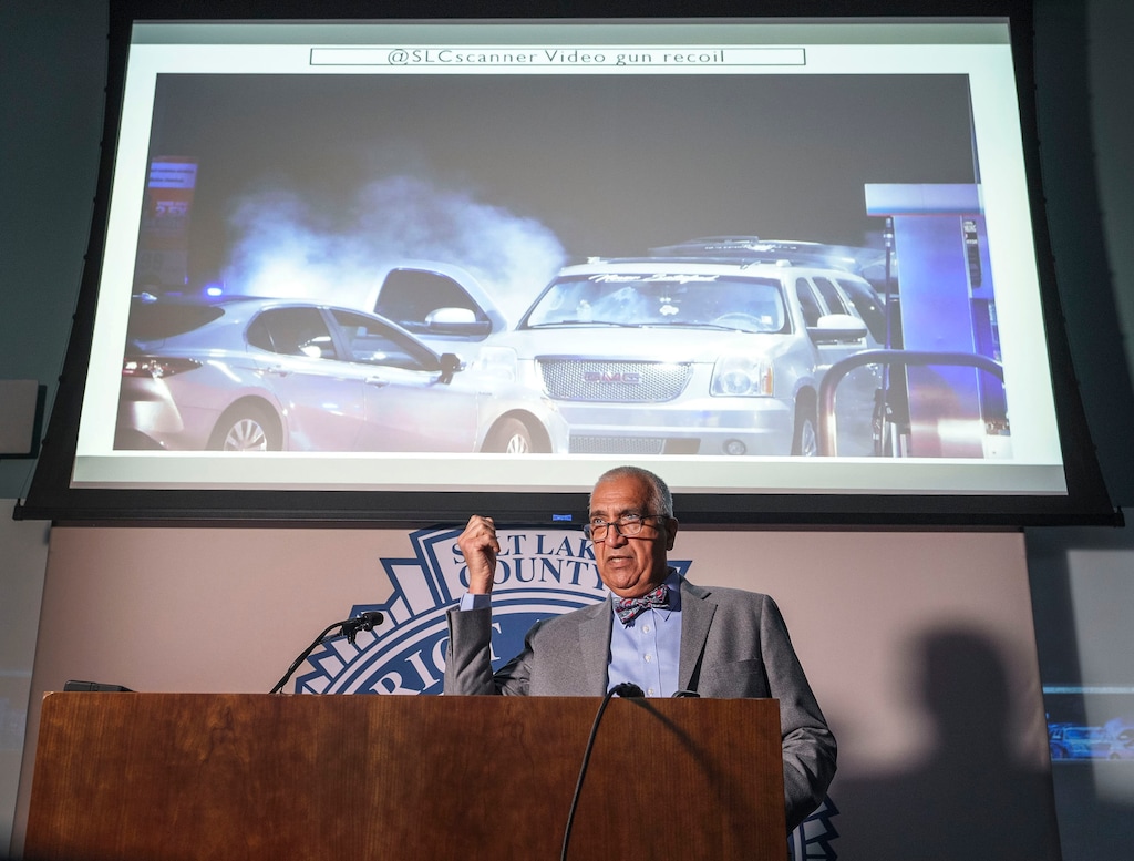 (Leah Hogsten | The Salt Lake Tribune) Salt Lake County District Attorney Sim Gill discusses police body camera footage during a press conference, Friday, March 10, 2023, and said that the Dec. 2, 2021, use of deadly force against Anei Gabriel Joker by multiple agencies was justified. Joker was fatally shot by police in a convenience store parking lot in Taylorsville.