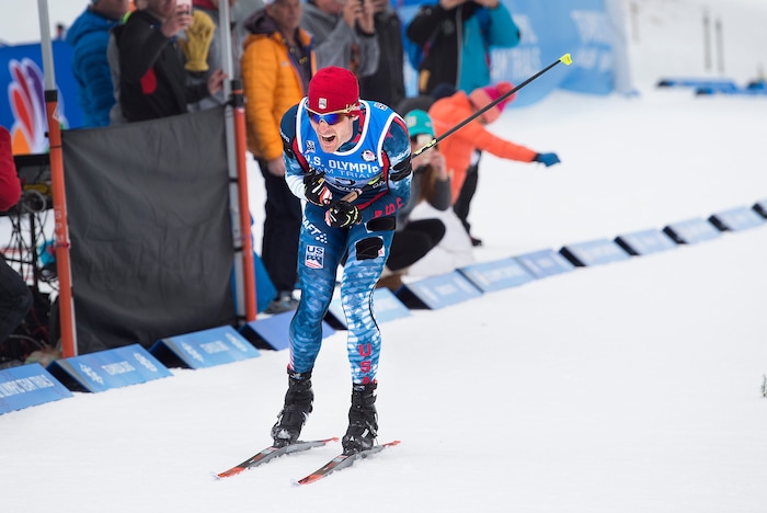 (Scott Sommerdorf   |  The Salt Lake Tribune)   
Bryan Fletcher yells as he crosses the finish line in 25:06.8 to win the 10K cross country race and the Nordic Combined Olympic Trials in Park City, Saturday, December 30, 2017.