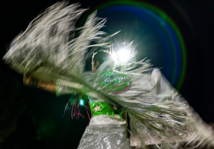 (Leah Hogsten | The Salt Lake Tribune Dancers are a whirl of regalia and color at the 41st Annual Paiute Indian Tribe of Utah Restoration Gathering, Aug. 13, 2021 in Cedar City, Utah.