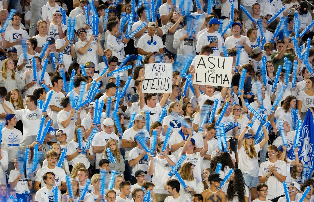 (Francisco Kjolseth | The Salt Lake Tribune) The student section cheers on the Brigham Young Cougars as they get ready to take on the Arizona State Sun Devils at LaVell Edwards Stadium in Provo, on Saturday, Sept. 18, 2021.